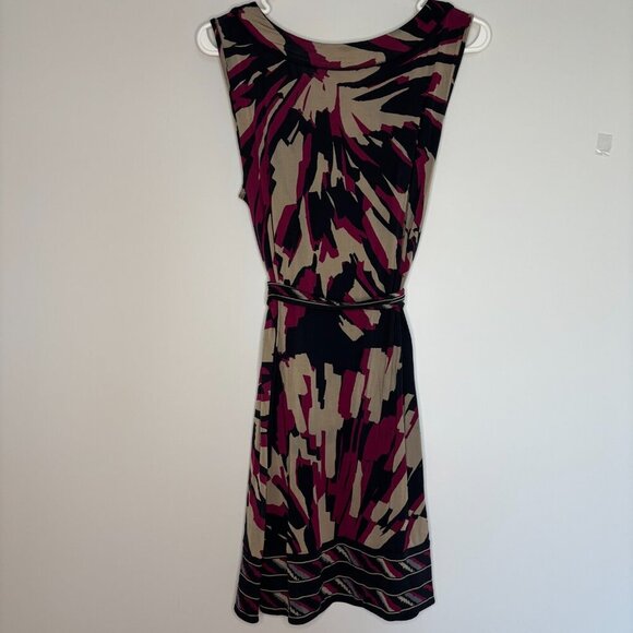 BCBGMAXAZRIA Dress Medium Tan Black Purple Midi Sleeveless Tie Waist Stretch - Picture 3 of 5